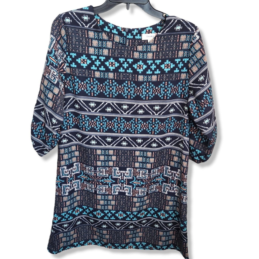 Freeway Womens‎ Medium Navy Geometric Tribal Print Roll Tab Sleeve Mini Dress